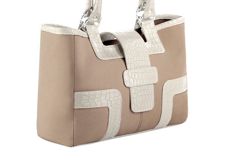 Tan beige and off white women's dress handbag, matching pumps and belts. Front view - Florence KOOIJMAN